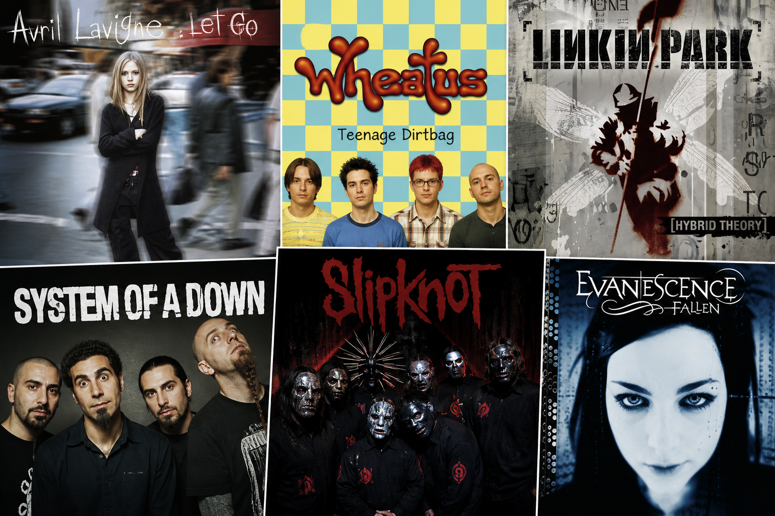 Album covers and artist photos for alternative wedding DJ bridge artists including Avril Lavigne and Wheatus alongside well-known heavier acts