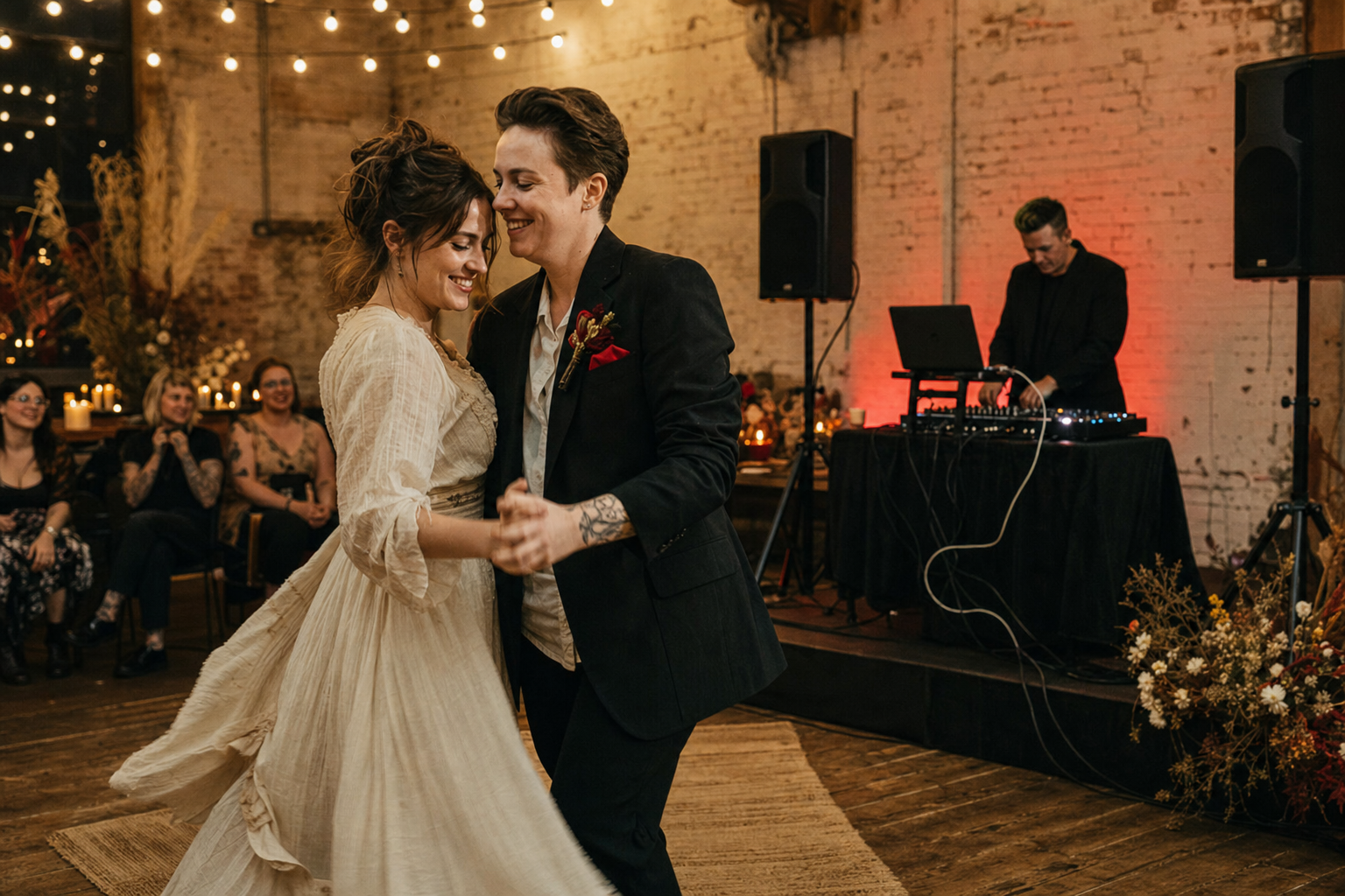 Couple dancing at a wedding while an indie wedding DJ performs in the background