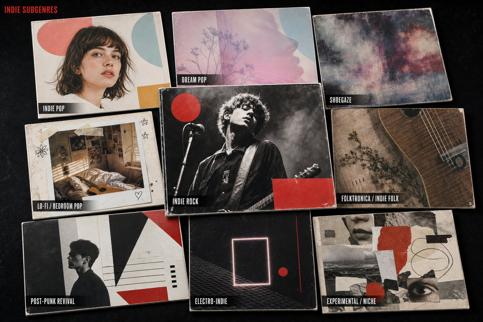 Collage of album covers representing different indie subgenres