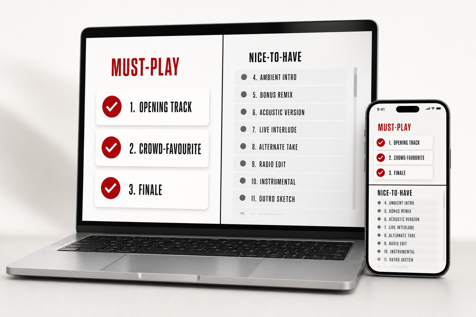 Split-screen showing a short must-play list versus a longer nice-to-have list on a phone