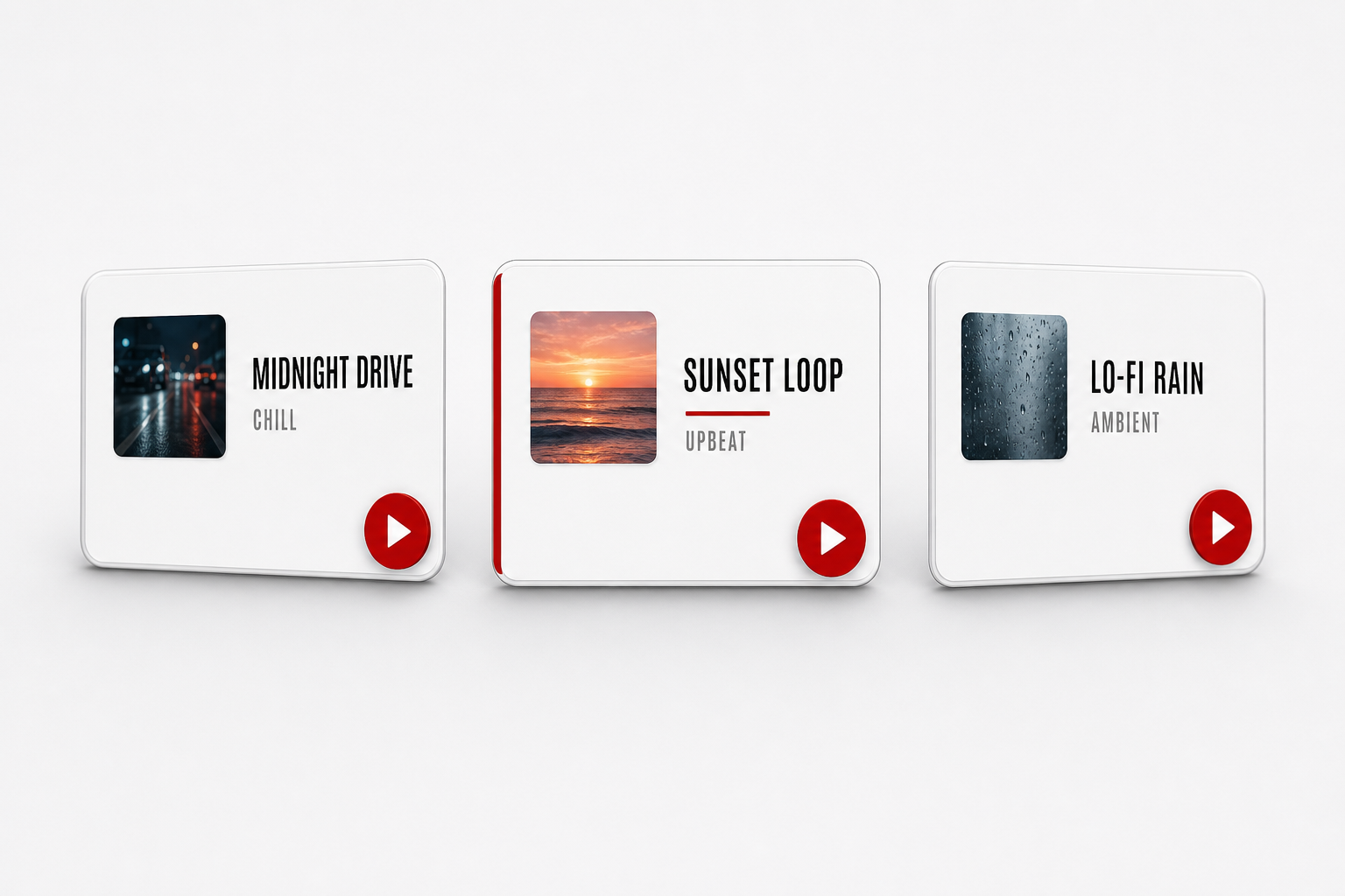 Three indie wedding playlist cards showing track names and vibe labels for different stages of the evening