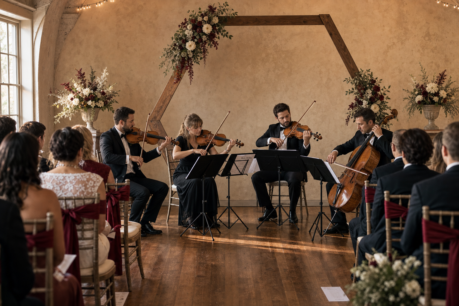Wedding ceremony space with string quartet playing instrumental rock covers during guest arrival