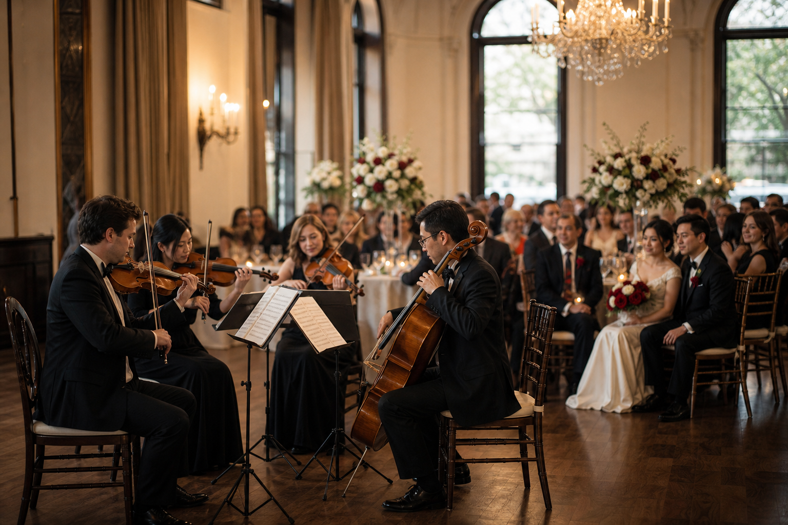 String quartet playing at a seated wedding ceremony — instrumental rock and indie covers