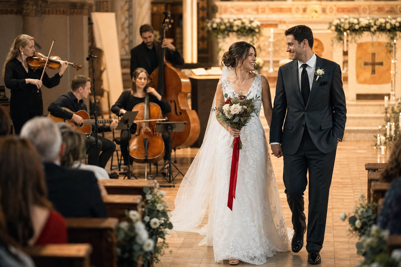 Couple walking down the aisle accompanied by a small acoustic group playing a rock cover