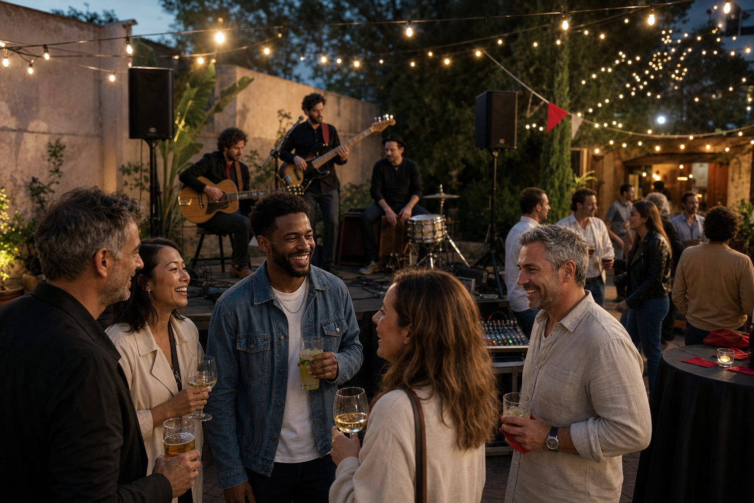 Guests mingling outdoors with mellow rock and acoustic background music during the drinks reception