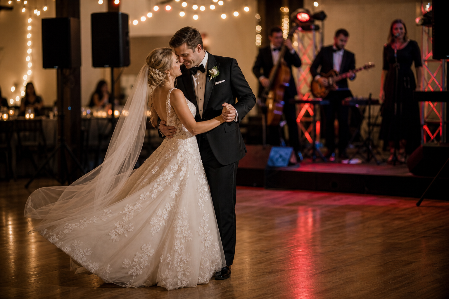 Couple sharing their first dance under soft lighting with band or DJ in the background