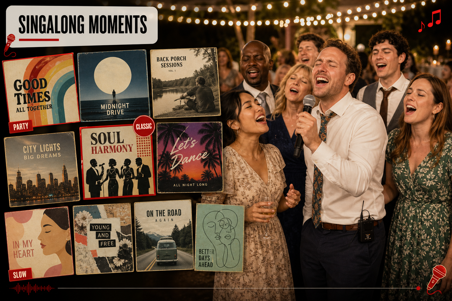 Collage of album covers and crowdsinging to illustrate indie and alternative singalongs at weddings