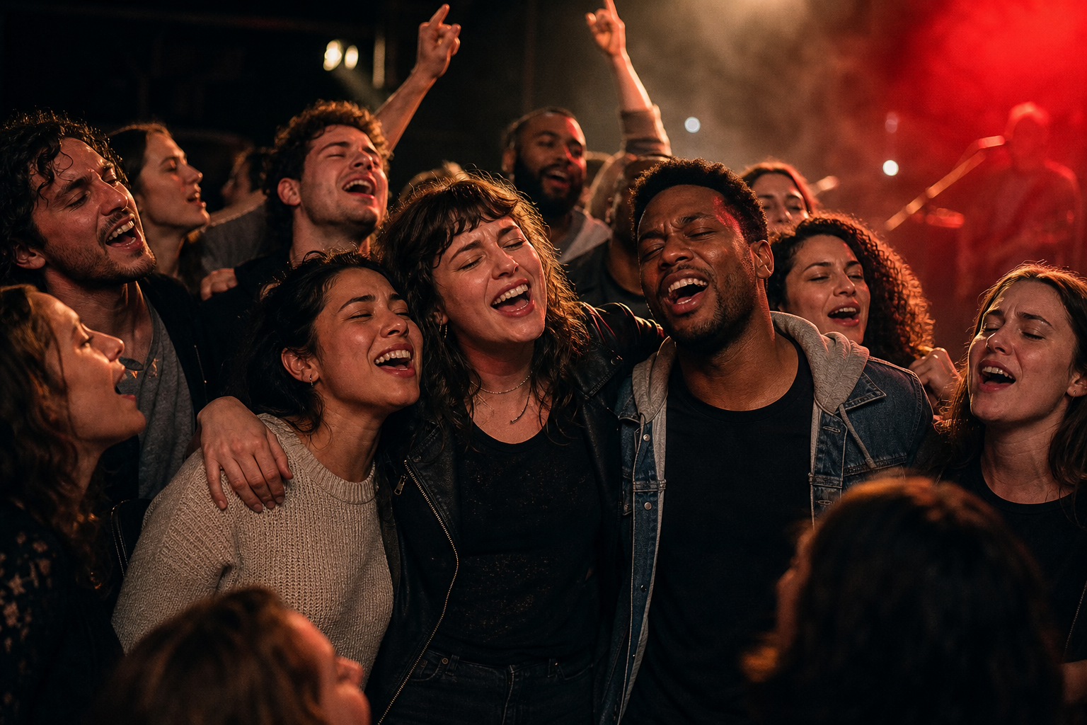 Crowd with arms around each other singing along to a final rock wedding song