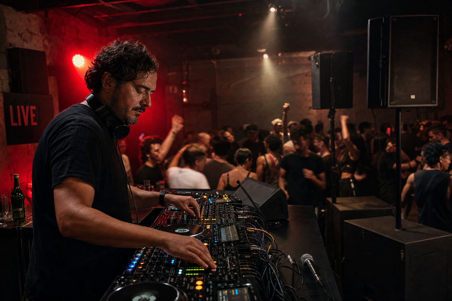 DJ performing mid-set with professional PA and dancefloor lighting at a busy wedding reception
