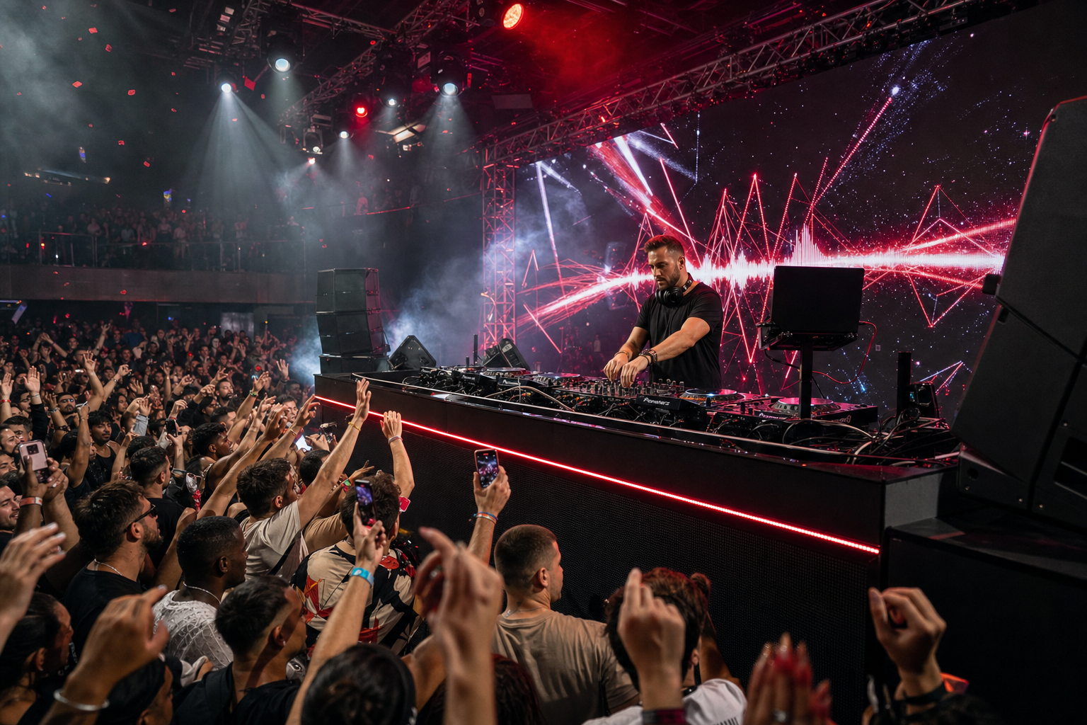 High-end wedding DJ setup with premium lighting and a packed dancefloor