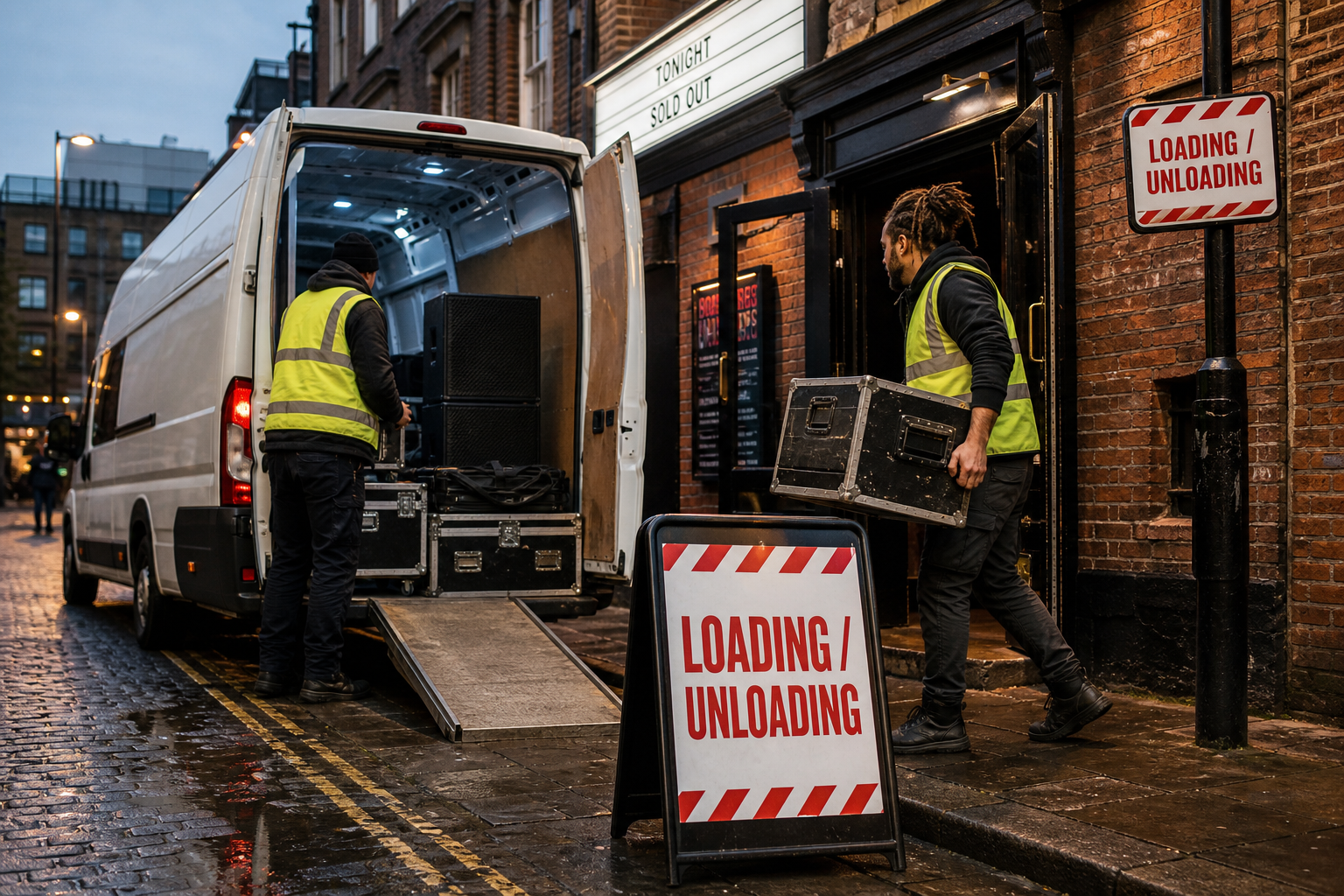 DJ van parked outside a London venue — illustrating the logistical costs that affect wedding DJ pricing in the capital
