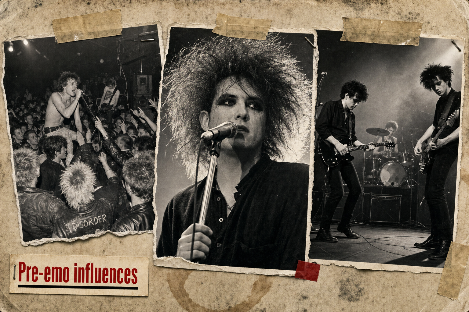 Photo collage showing punk shows, post-punk bands and Robert Smith performing — pre-emo influences