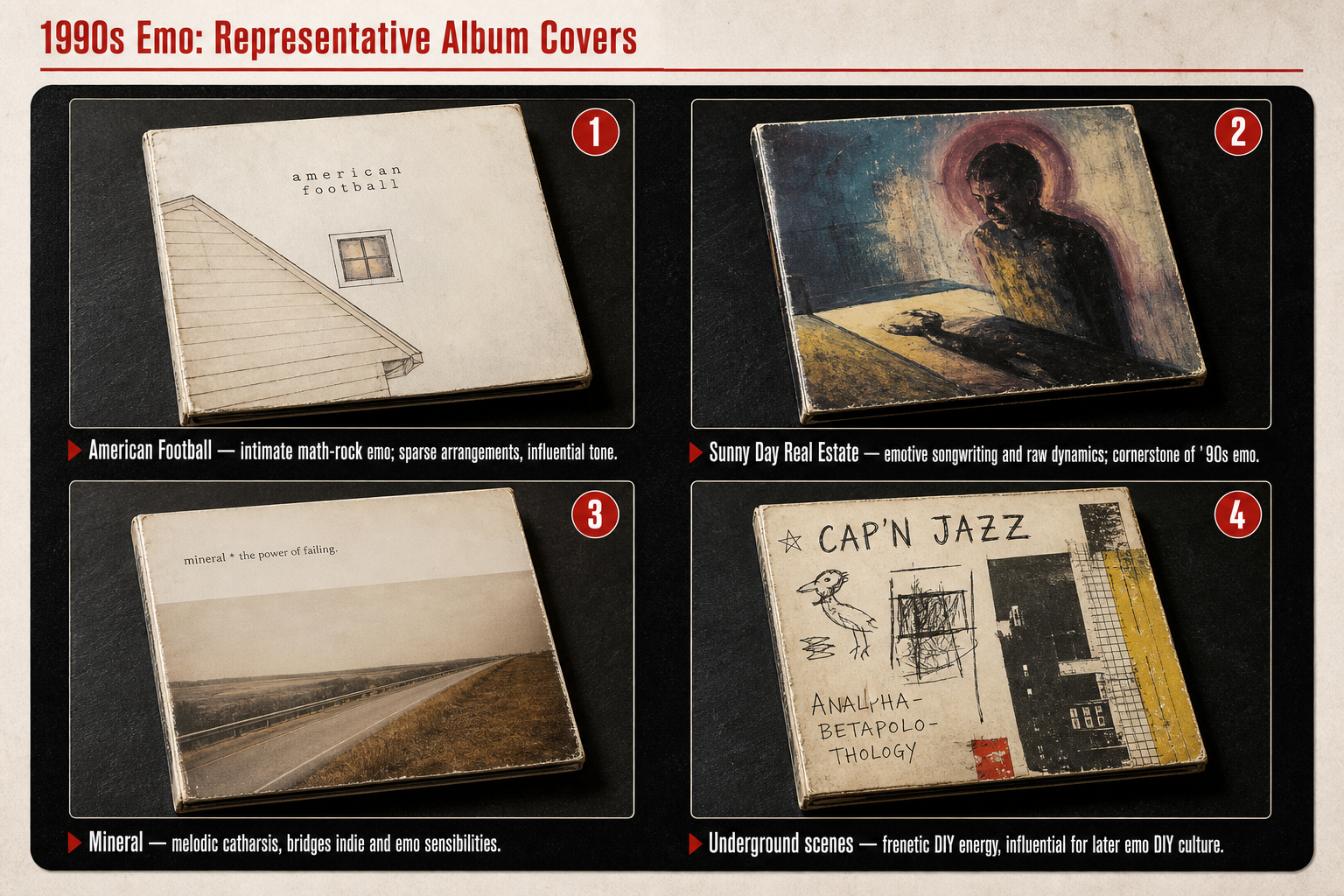 Representative 1990s emo album covers including American Football and Sunny Day Real Estate