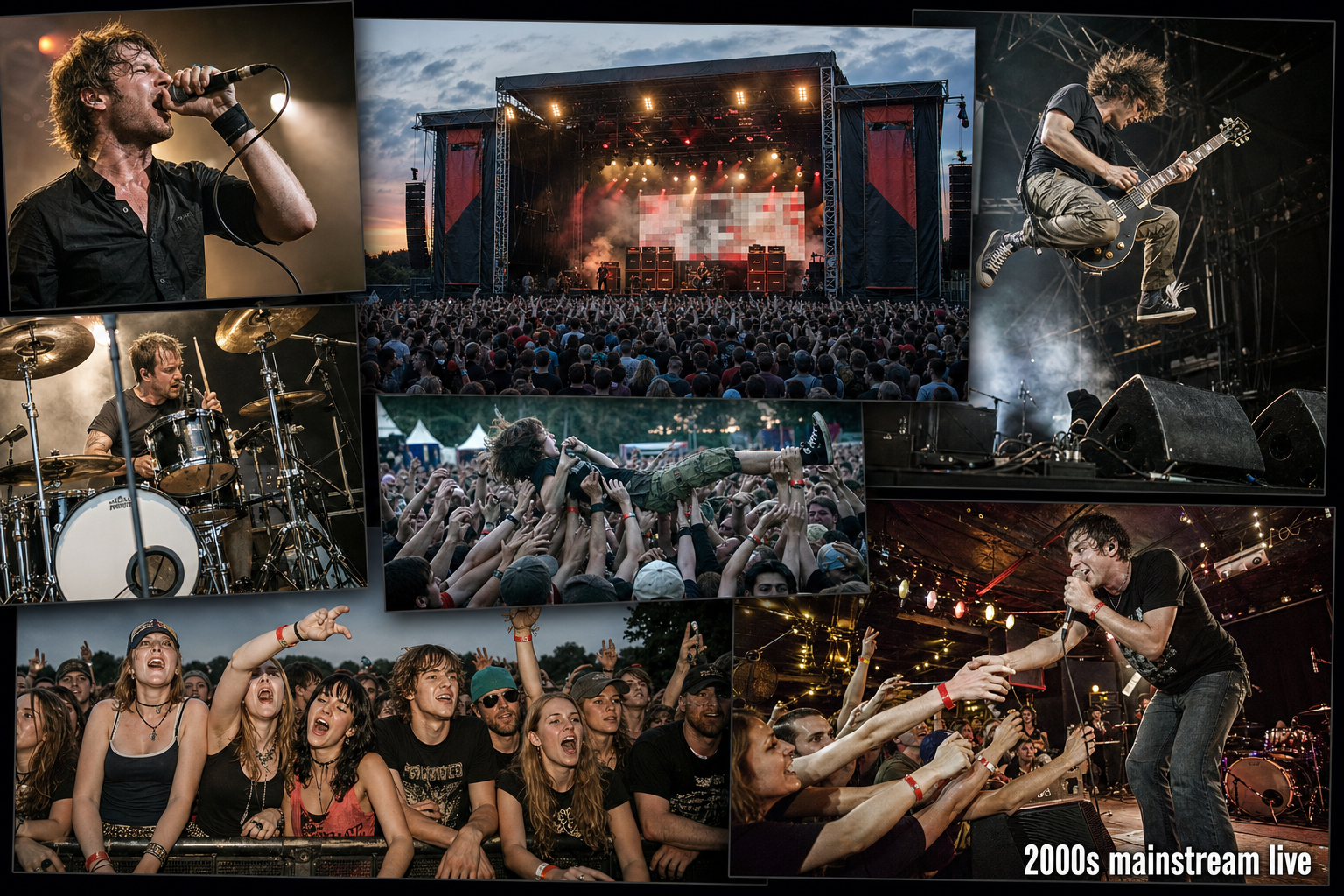 Photo montage of 2000s emo bands on festival stages and fans at shows
