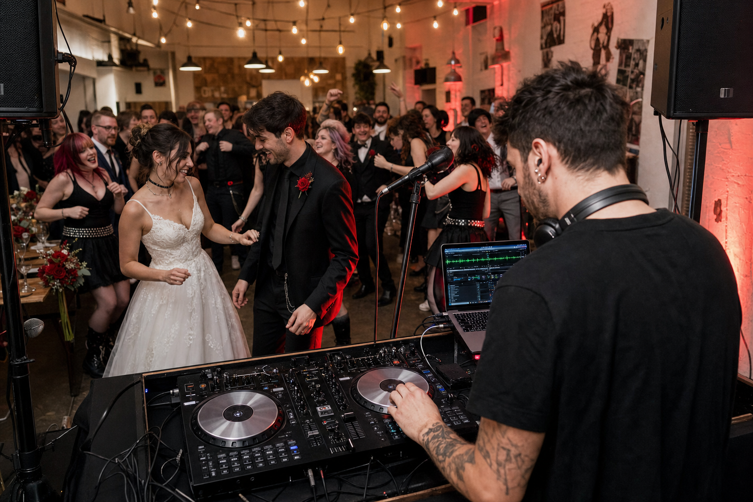Reunion concert, emo night flyer and a DJ mixing emo and pop-punk tracks at a modern event